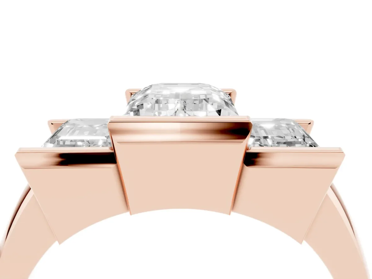 Three Stone Emerald Cut Cut Channel Set Diamond Ring Rose gold