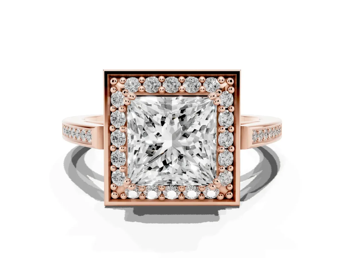 Princess Cut Diamond Halo Ring with Split Shank and Four-Prong Setting Rose gold