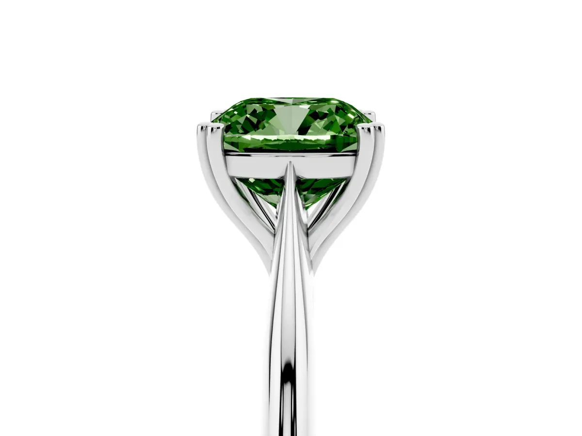 Fancy Green Cushion Cut Solitaire Diamond Ring with Six-Prong Setting and Classic Band Silver