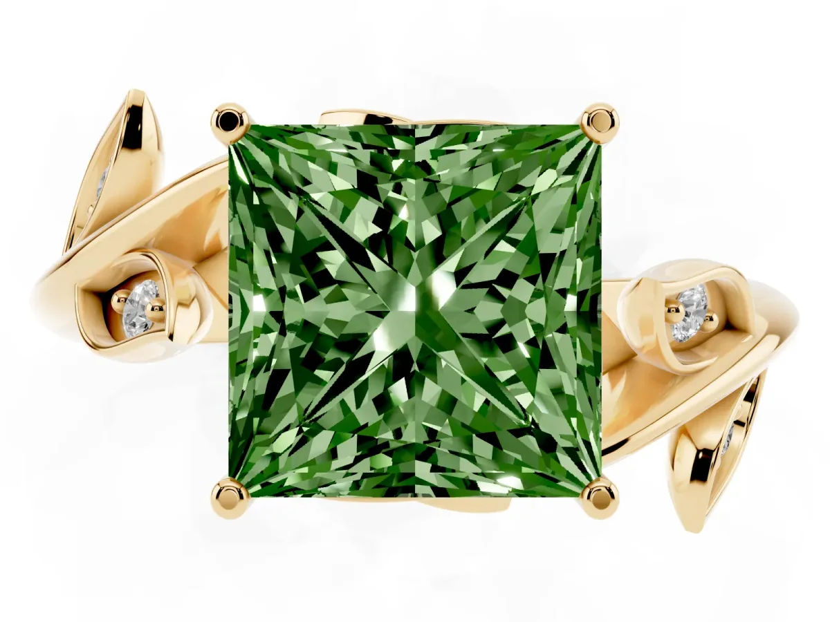Fancy Green Princess Cut Solitaire Twist Engagement Ring with Leaf Accents and Prong Setting Yellow gold