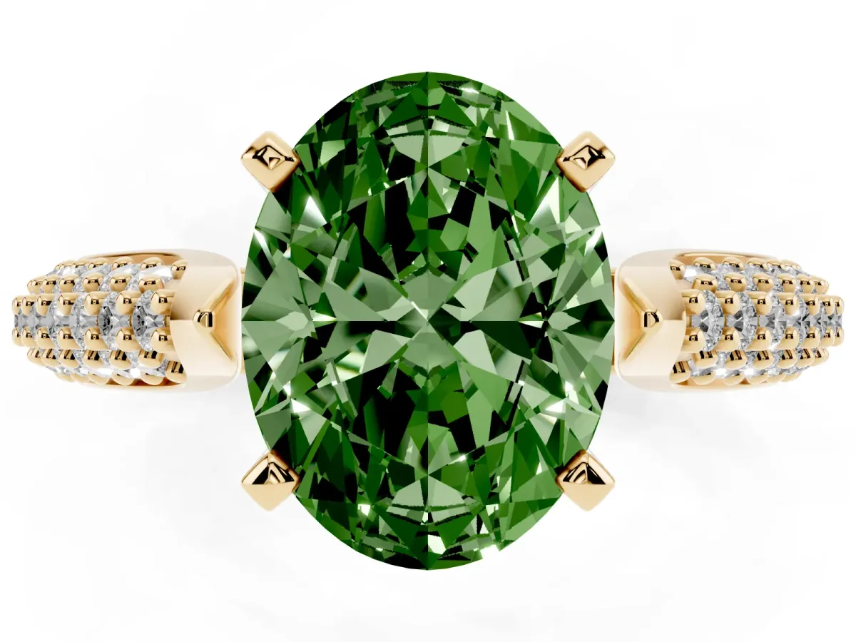 Fancy Green Oval Cut Diamond Solitaire Engagement Ring with Multi-Row Round Pavé Band and Prong Setting Yellow gold