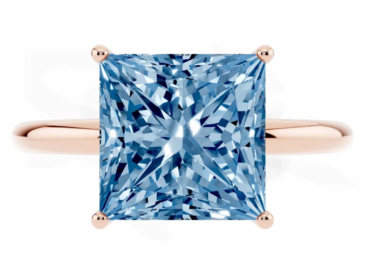 Fancy Blue Princess Cut Solitaire Diamond Ring with a Classic Band and Four-Prong Setting Rose gold
