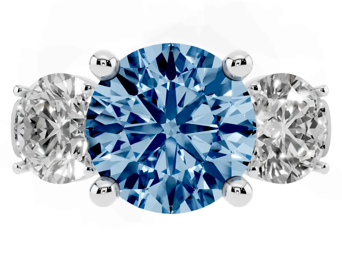 Fancy Blue Three-Stone Round Cut Brilliant Diamond Trellis Ring with Comfort Fit Band White gold