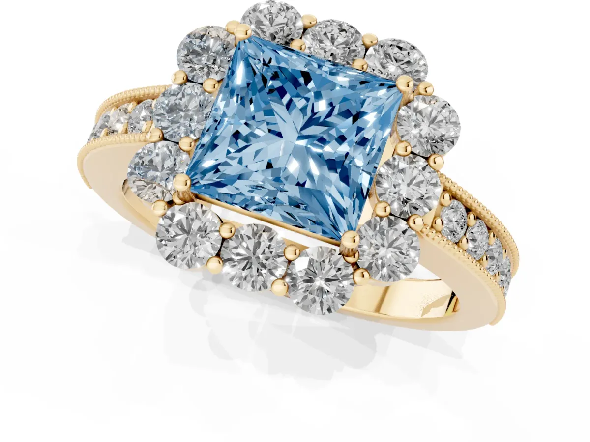 Fancy Blue Princess Cut Cut Halo Diamond Pavé Engagement Ring with Milgrain Detailing Yellow gold