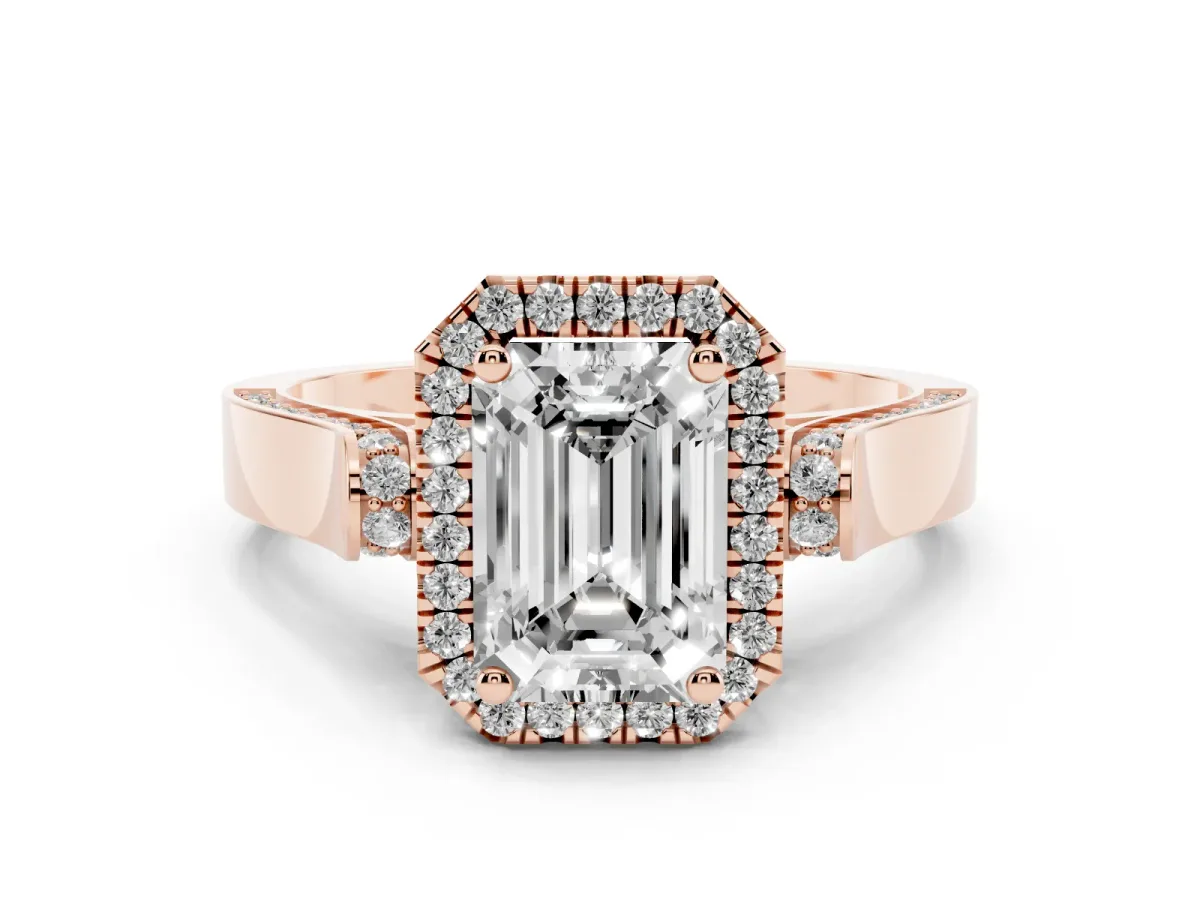 Emerald Cut Halo Round Diamond Twist Band with Four-Prong Setting Rose gold