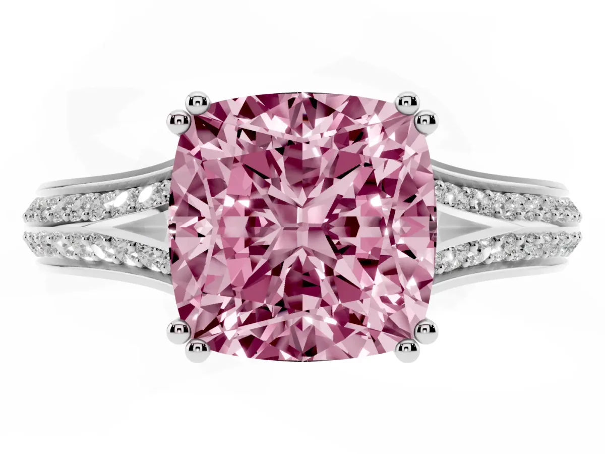 Fancy Pink Cushion Cut Diamond Split Shank Engagement Ring with Pavé Band Silver