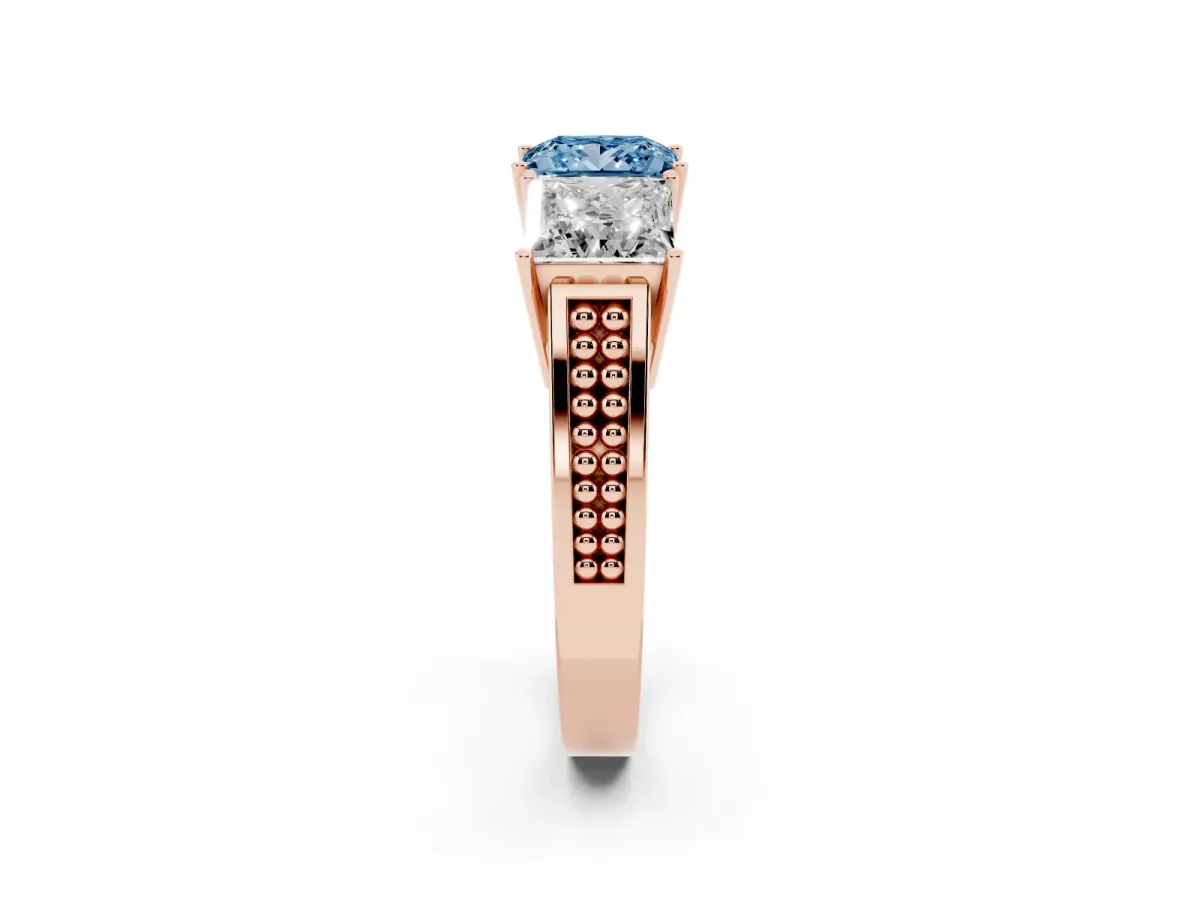Fancy Blue Princess Cut Diamond Three-Stone Ring with Prong Setting and Textured Band Rose gold
