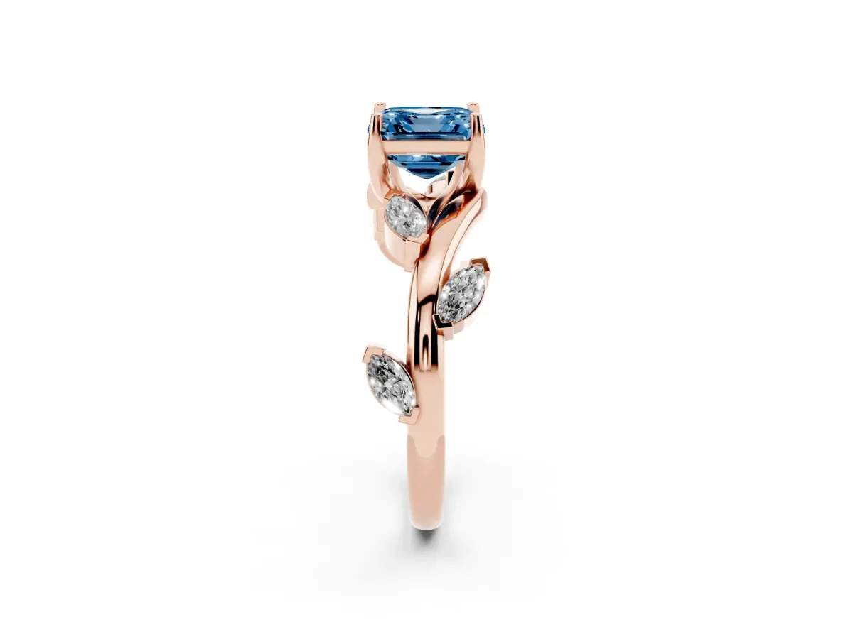 Fancy Blue Asscher Cut Solitaire Twisted Band Marquise Accent Prong Setting Ring Rose gold