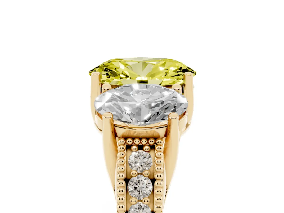 Fancy Yellow Three-Stone Oval Cut Cut Milgrain Pavé Engagement Ring Yellow gold