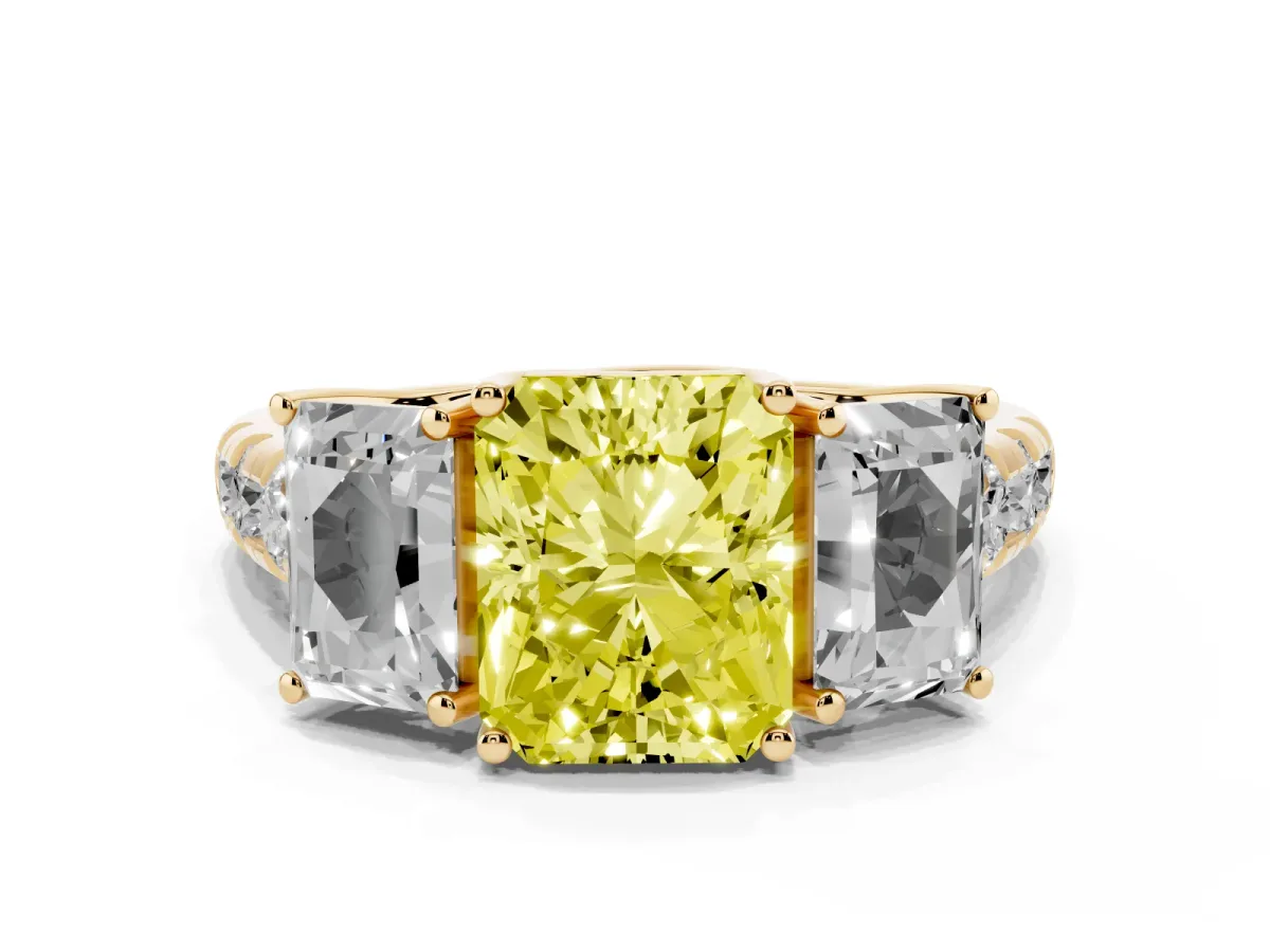 Fancy Yellow Three-Stone Radiant Cut Diamond Pavé Band with Prong Setting Yellow gold
