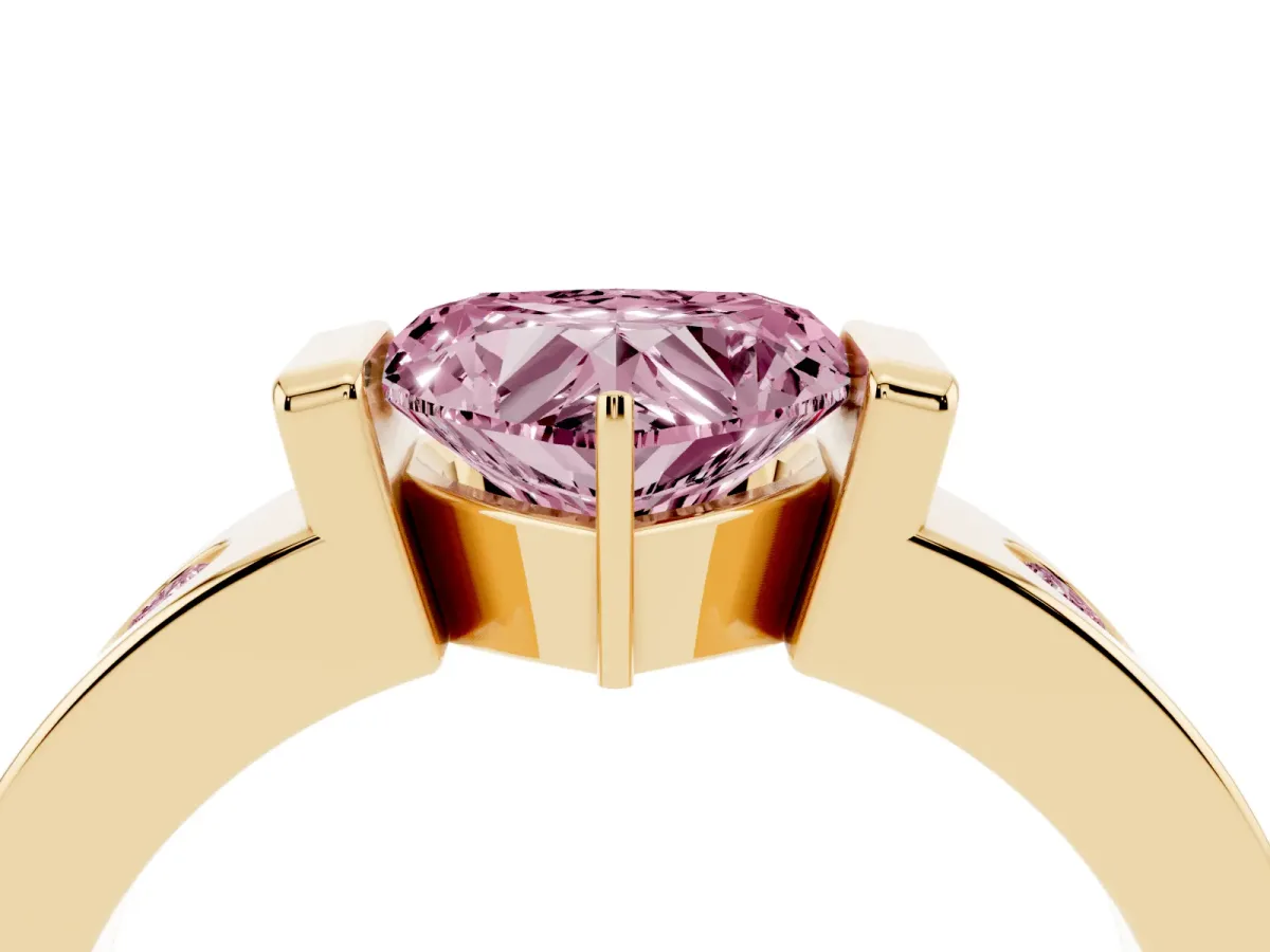 Fancy Pink Heart Cut Brilliant Channel-Set Diamond Ring with Bezel Prong Setting Yellow gold
