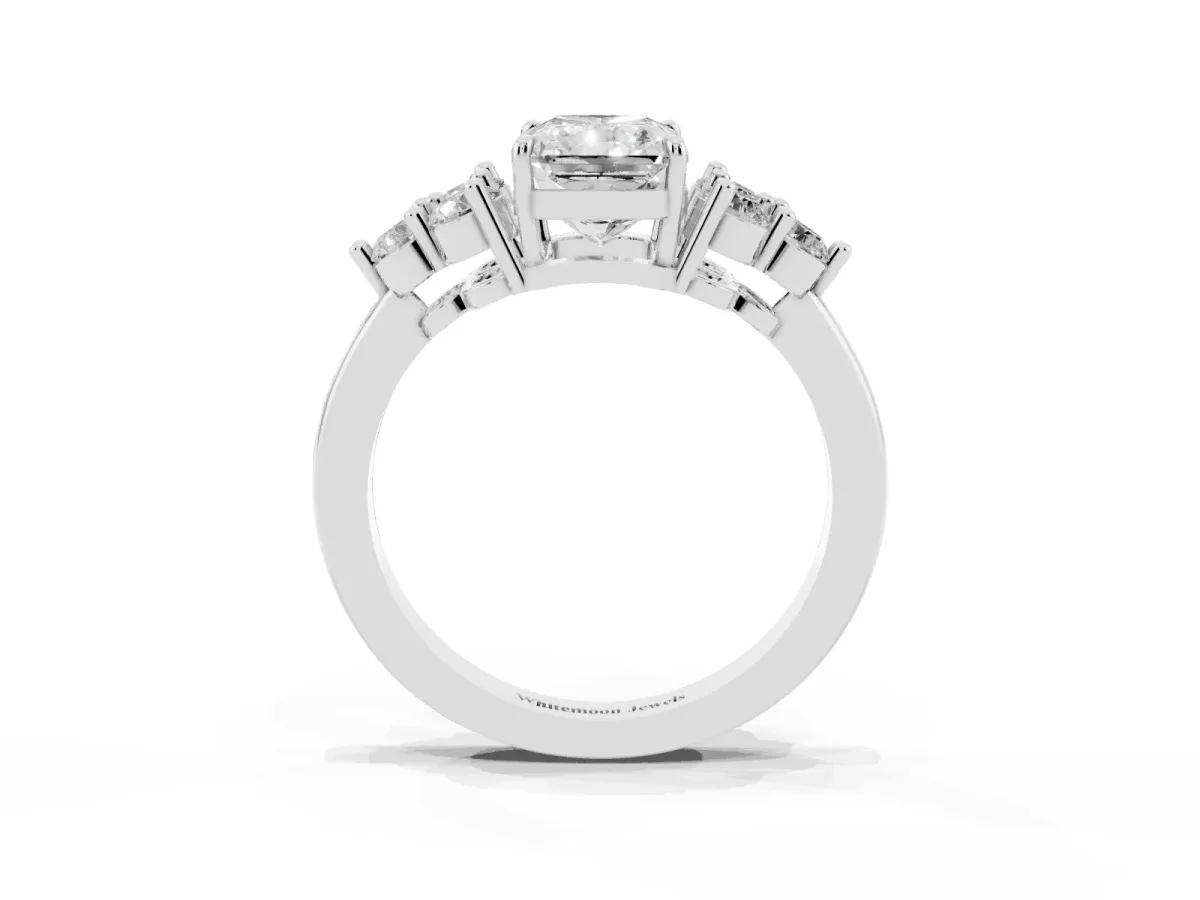 Radiant Cut Brilliant Diamond Cluster Accent Solitaire Ring with Prong Setting Silver