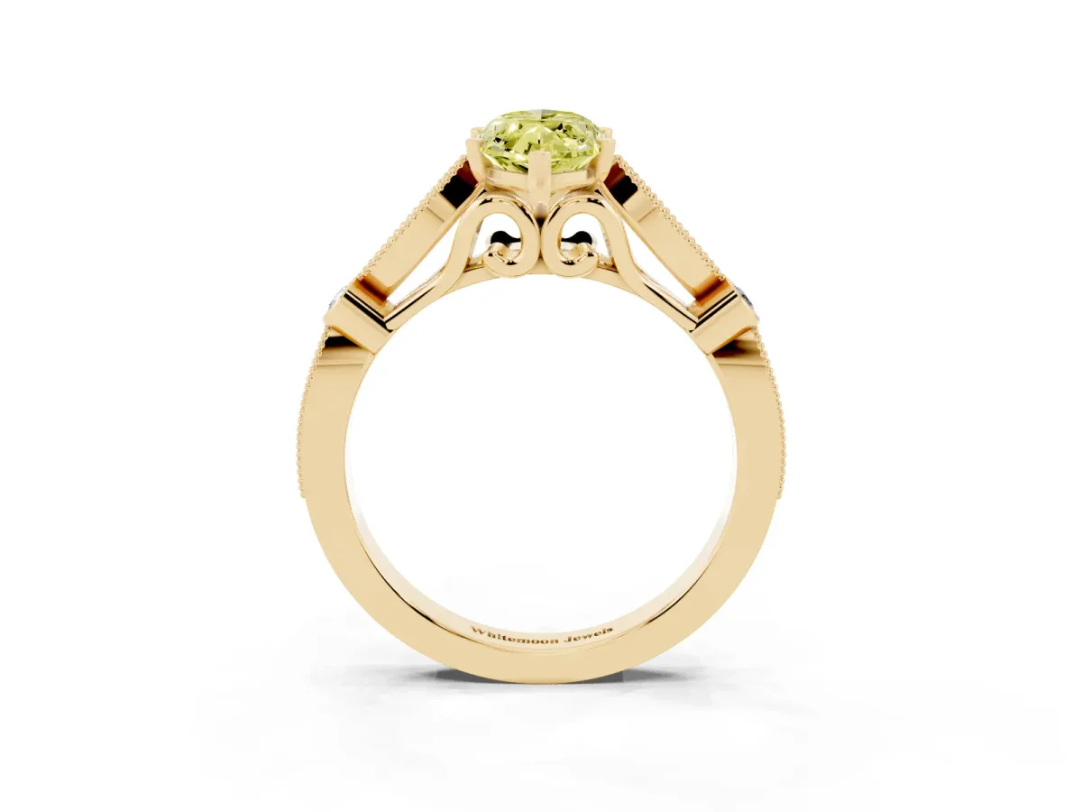 Fancy Yellow Marquise Cut Cut Diamond with Milgrain Marquise and Bezel Accents on a Solitaire Band with Prong Setting Yellow gold