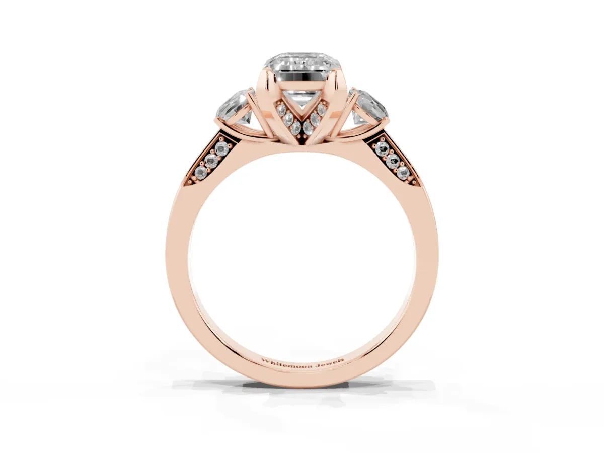 Fancy Blue Emerald Cut Brilliant Three-Stone Diamond Ring with Pavé Band and Four-Prong Setting Rose gold
