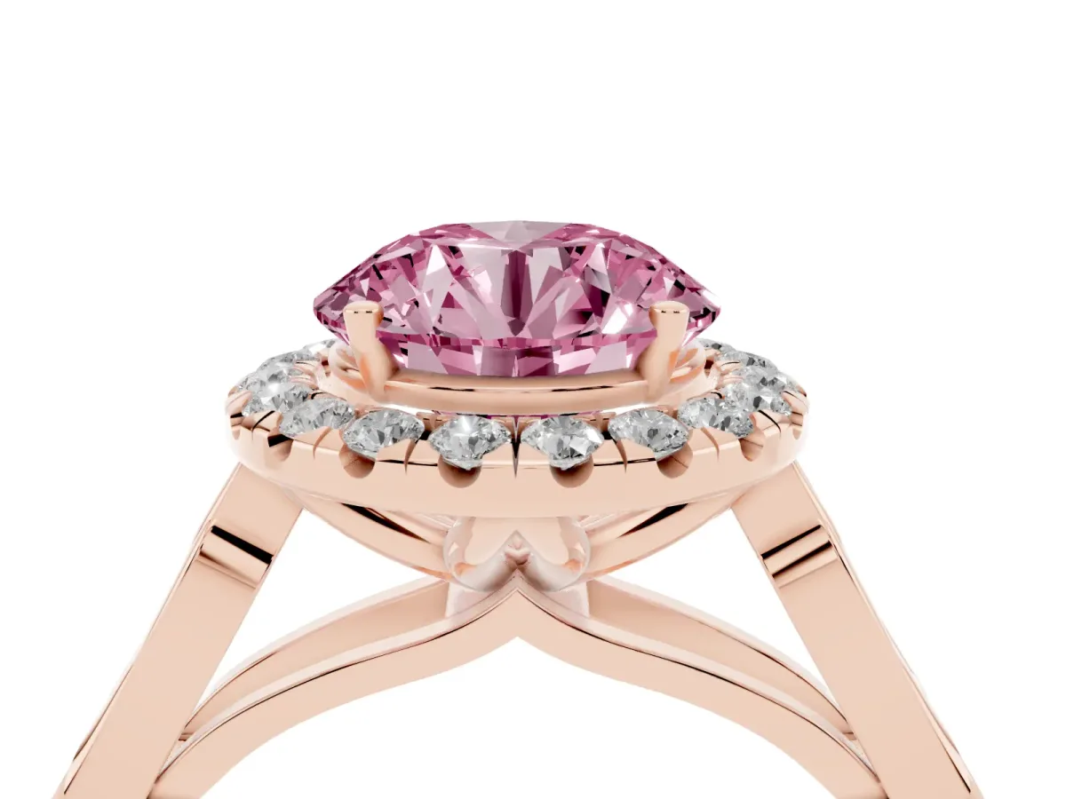 Fancy Pink Round Cut Halo Diamond Engagement Ring with Filigree Band and Four-Prong Setting Rose gold