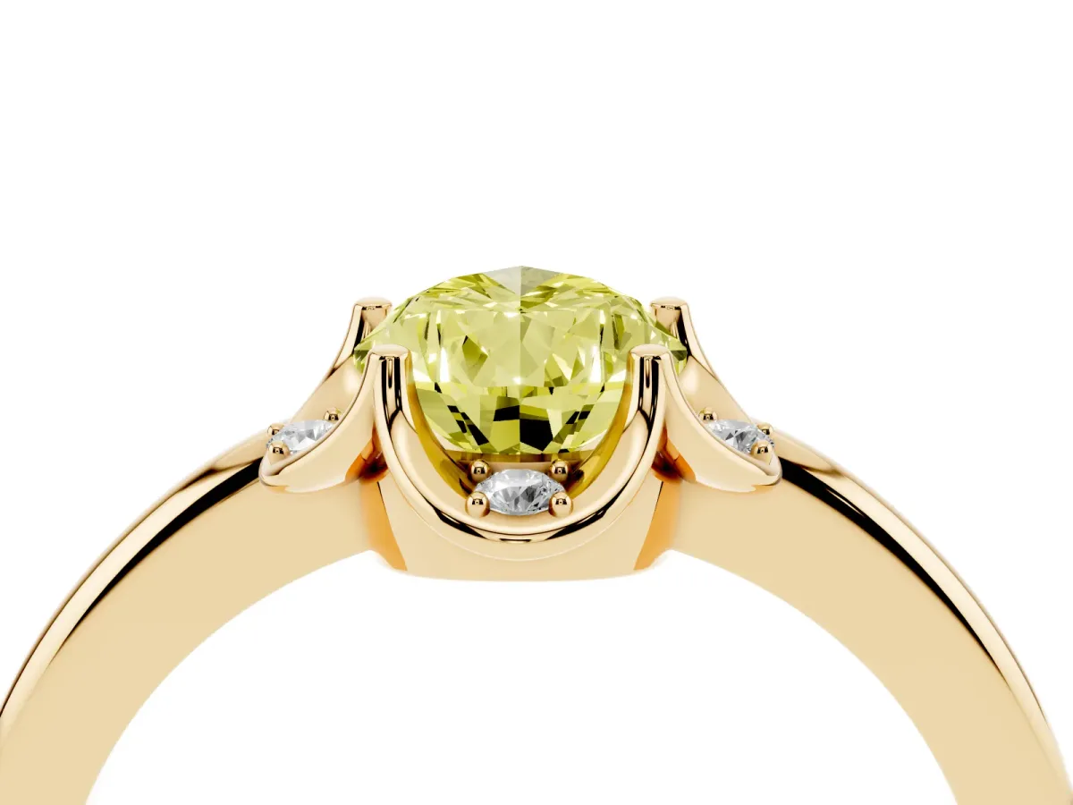Fancy Yellow Pear Cut Halo Diamond Ring with Round Cluster Setting, Solitaire Band, and Four-Prong Setting Yellow gold