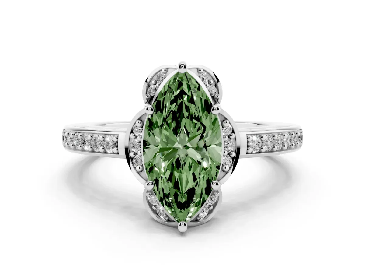 Fancy Green Marquise Cut Cut Halo Diamond Ring with Channel Set Band and Four-Prong Setting Silver