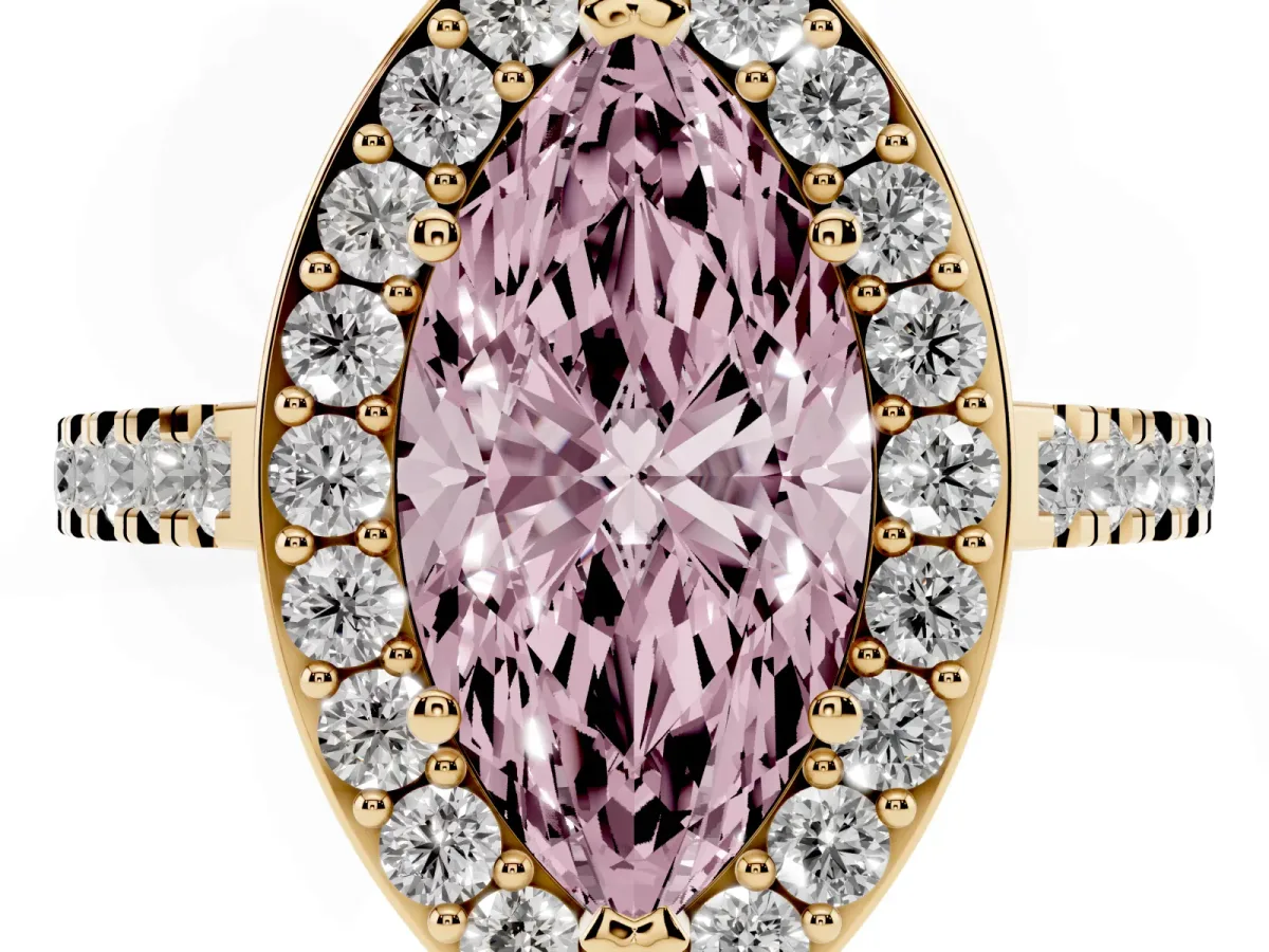 Fancy Pink Marquise Cut Diamond Halo Ring with Round Pavé Split Shank and Prong Setting Yellow gold