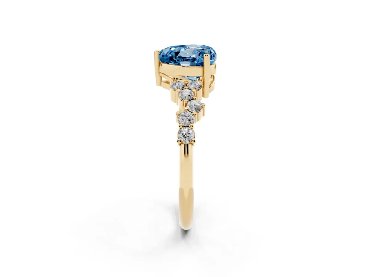 Fancy Blue Heart Cut Diamond Scattered Round Accent Ring with Prong Setting Yellow gold