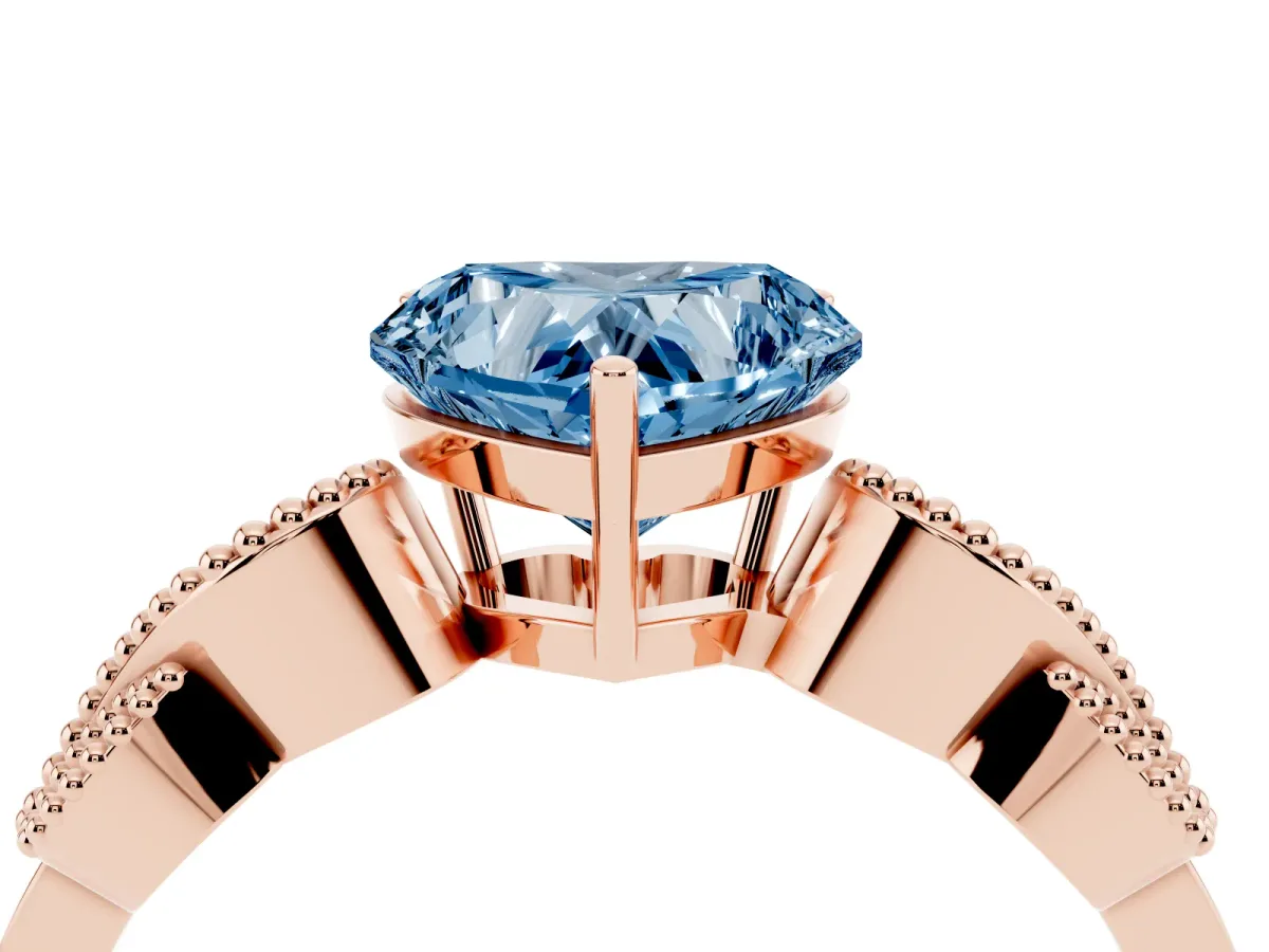 Fancy Blue Heart Cut Solitaire Milgrain Leaf Band with Prong Setting Rose gold