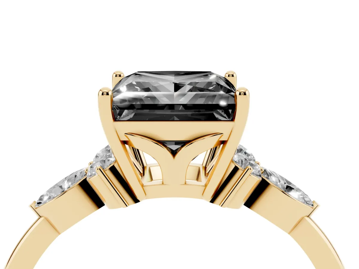 Fancy Black Princess Cut Brilliant Diamond Solitaire Ring with Pear Side Stones and Four-Prong Setting Yellow gold