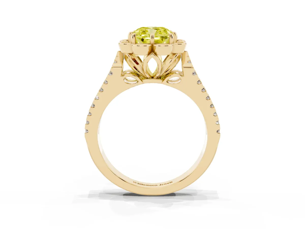 Fancy Yellow Cushion Cut Halo Diamond Floral Split Shank Engagement Ring Yellow gold
