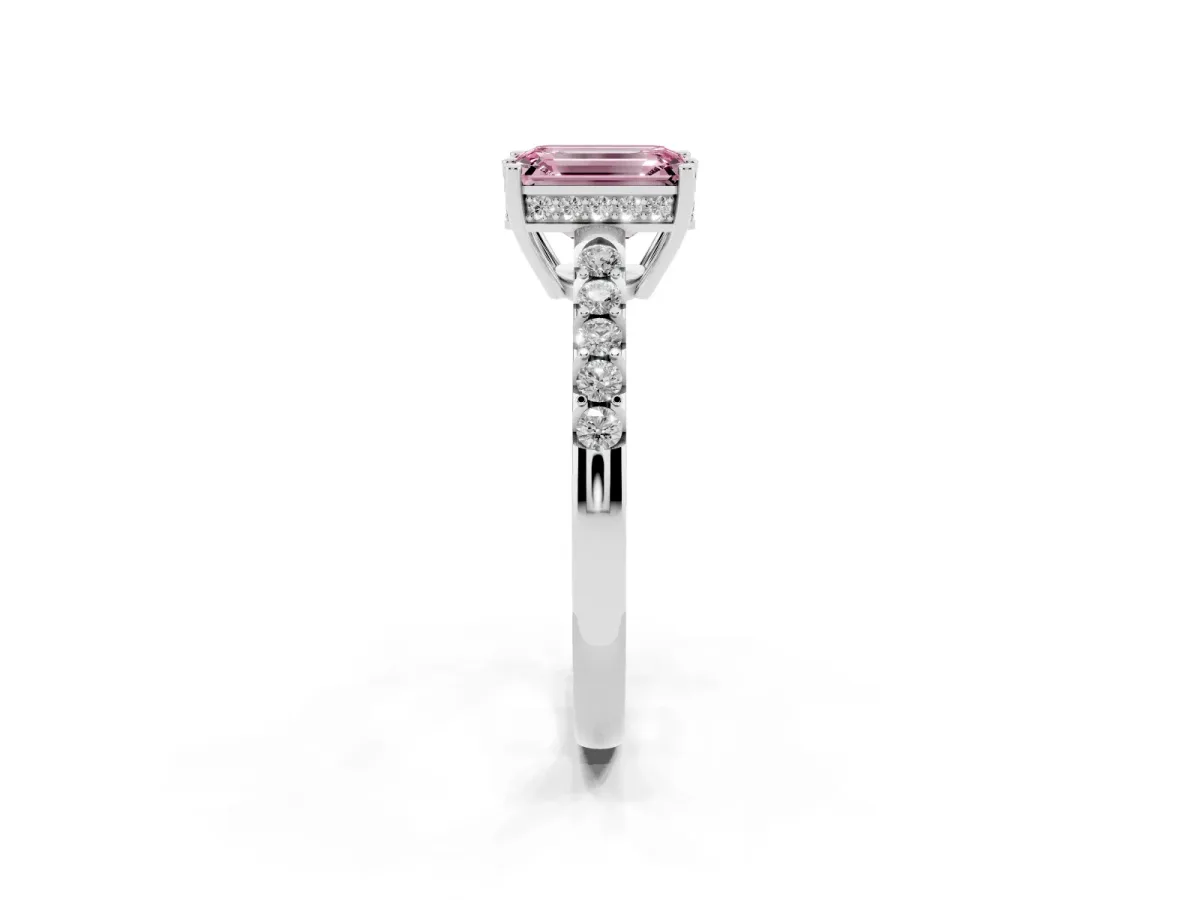 Fancy Pink Emerald Cut Solitaire Diamond Engagement Ring with Pavé Band and Six-Prong Setting Platinum