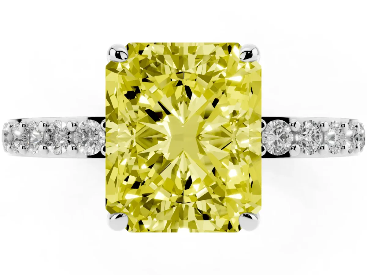 Fancy Yellow Radiant Cut Diamond Pavé Engagement Ring with Round Accents and Prong Setting White gold