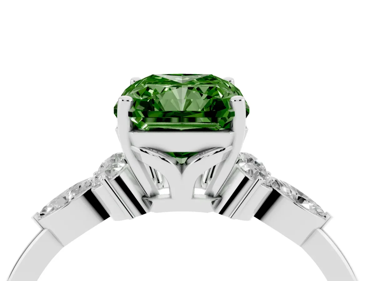 Fancy Green Radiant Cut Brilliant Diamond Solitaire Ring with Pear Side Stones and Four-Prong Setting Platinum