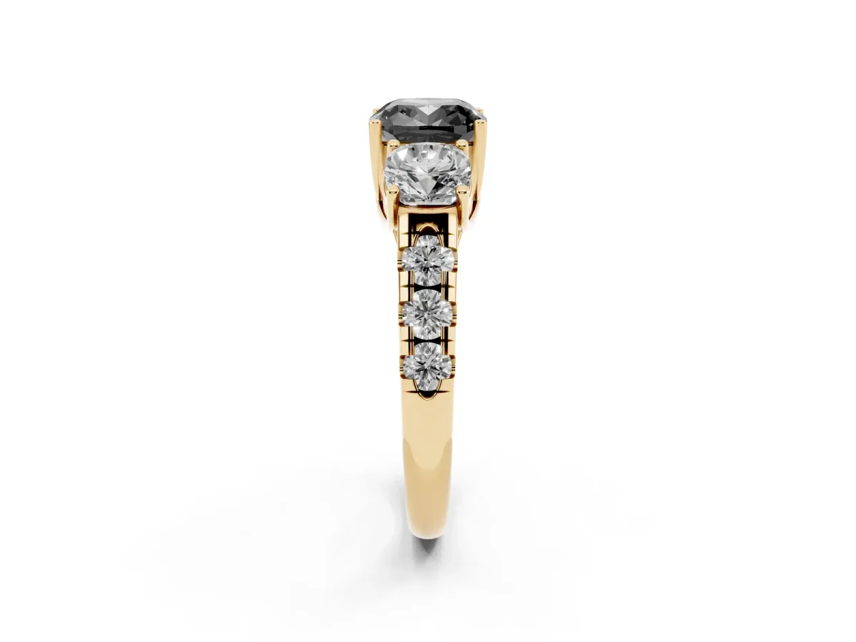 Fancy Black Three-Stone Cushion Cut Diamond Pavé Band with Prong Setting Yellow gold
