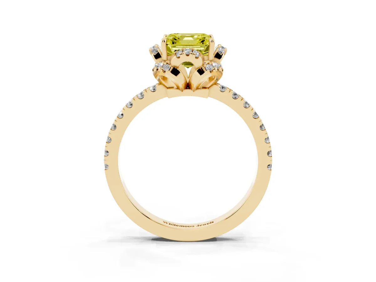 Fancy Yellow Asscher Cut Halo Diamond Pave Band Ring with Four-Prong Setting Yellow gold