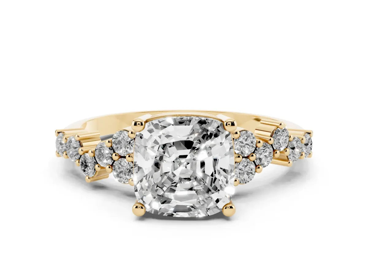 Cushion Cut Diamond Scattered Round Accent Ring with Prong Setting Yellow gold