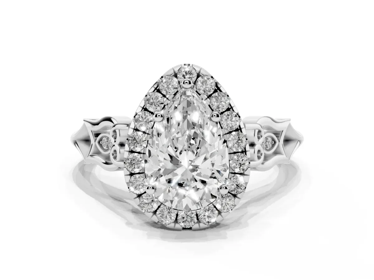 Pear Cut Halo Diamond Engagement Ring with Filigree Band and Four-Prong Setting Platinum