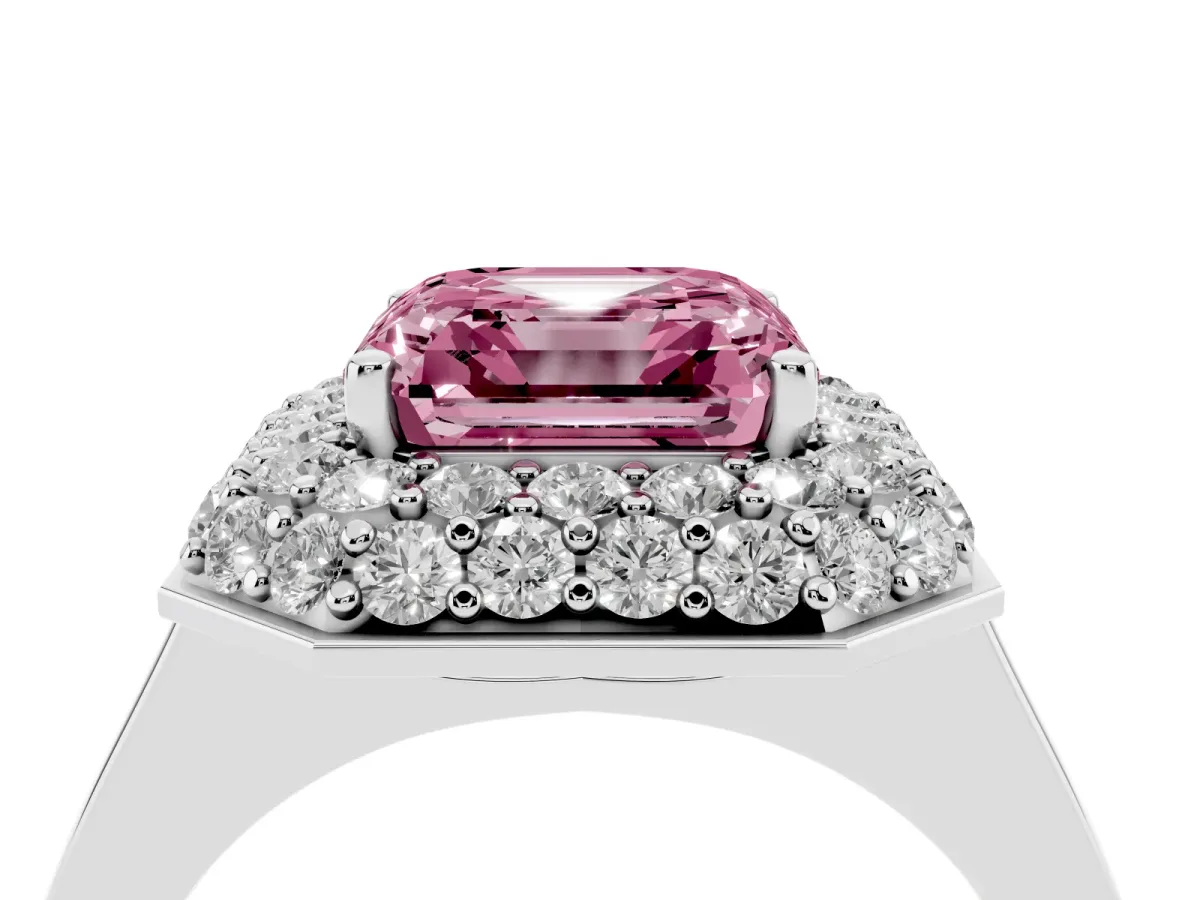 Fancy Pink Asscher Cut Halo Diamond Engagement Ring with Solitaire Band and Four-Prong Setting Silver