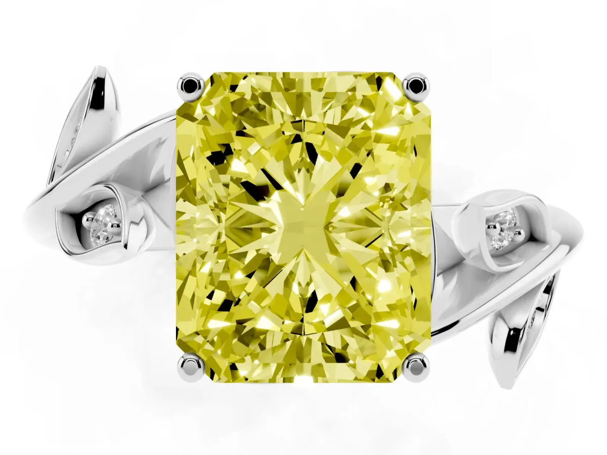 Fancy Yellow Radiant Cut Solitaire Twist Engagement Ring with Leaf Accents and Prong Setting Silver