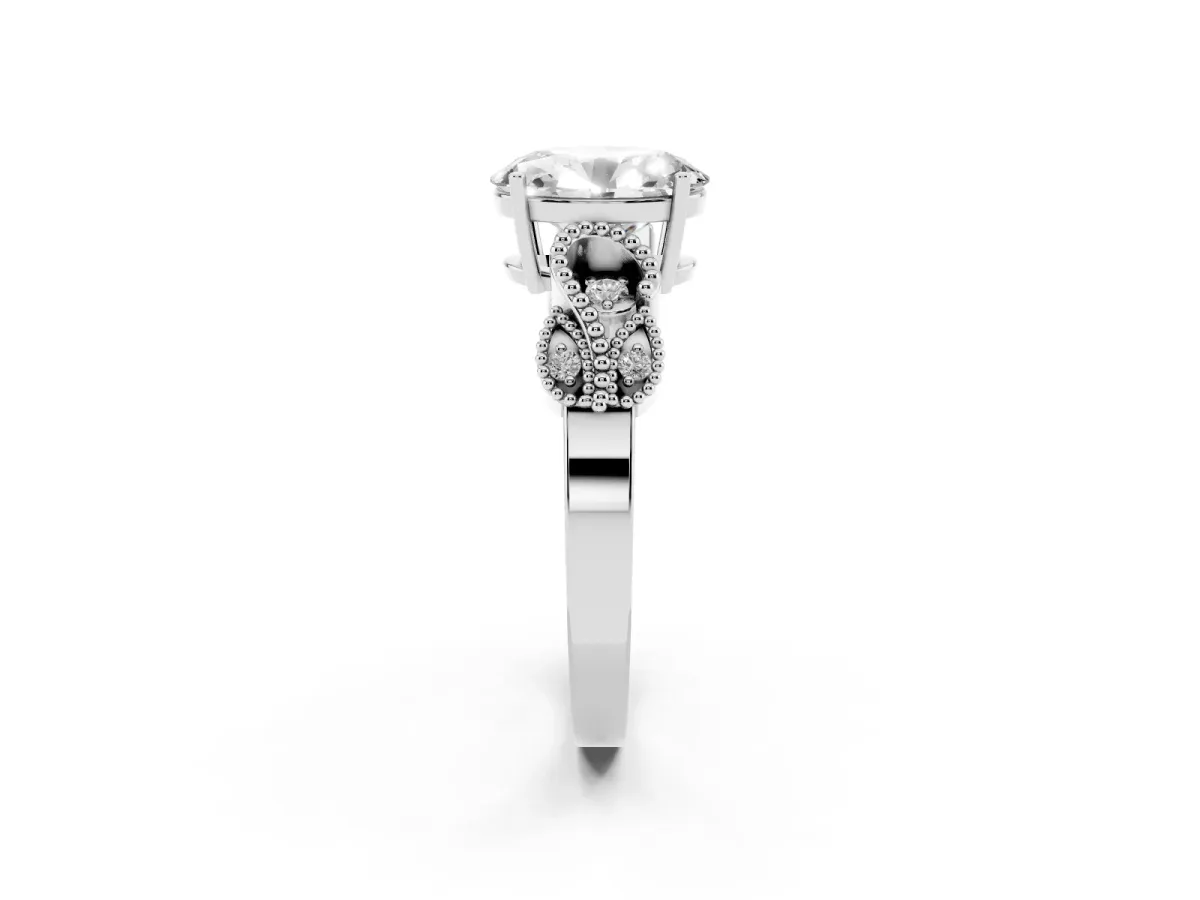 Oval Cut Solitaire Milgrain Leaf Band with Prong Setting Silver