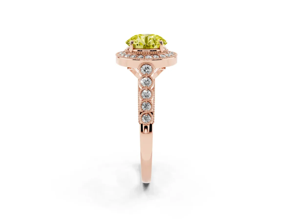 Fancy Yellow Round Cut Halo Milgrain Solitaire with Bezel Set Side Stones and Pave Band Rose gold