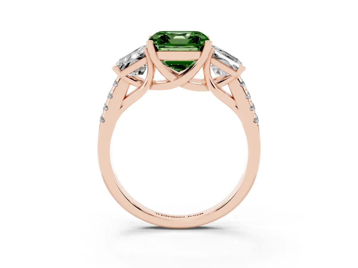 Fancy Green Three-Stone Asscher Cut Diamond Ring with Round Pavé Band and Prong Setting Rose gold