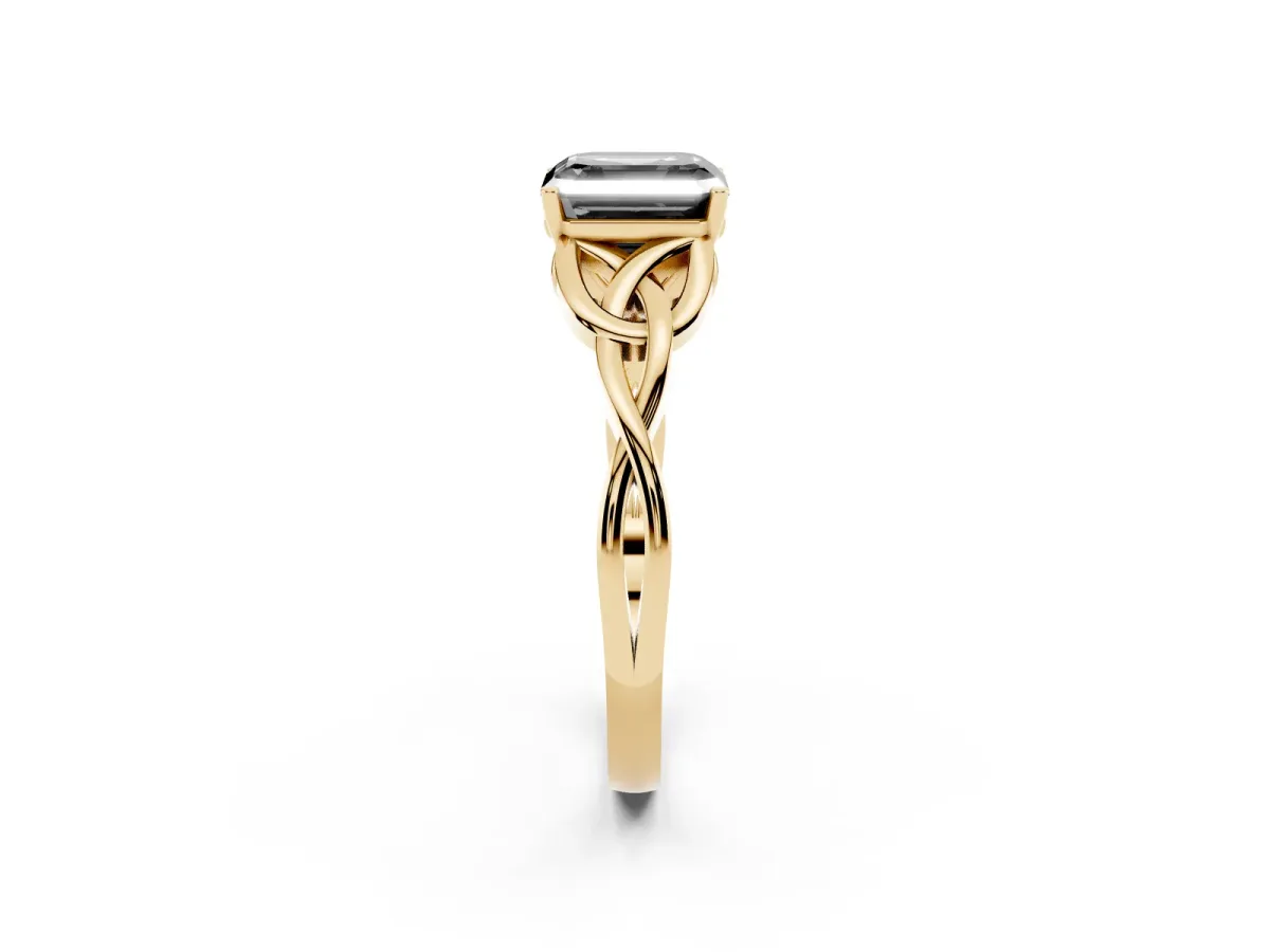 Fancy Black Asscher Cut Diamond Solitaire Engagement Ring with Celtic Knot Band and Four-Prong Setting Yellow gold