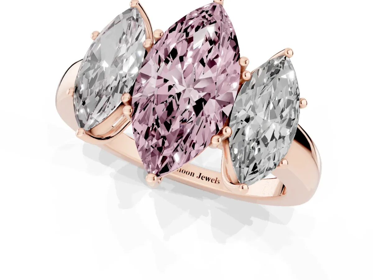 Fancy Pink Marquise Cut Diamond Three-Stone Ring with Four-Prong Setting and Classic Band Rose gold