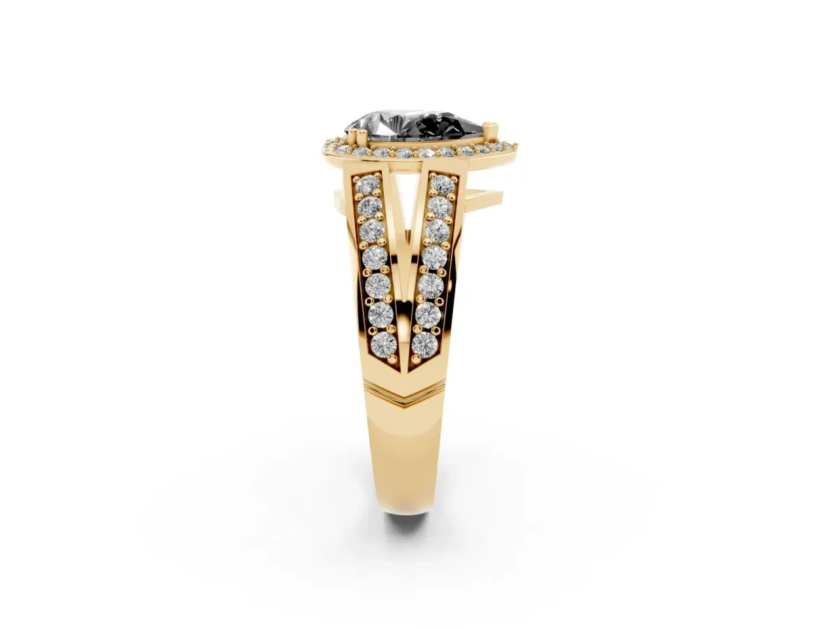 Fancy Black Pear Cut Diamond Halo Ring with Split Shank Pavé Band and Four-Prong Setting Yellow gold