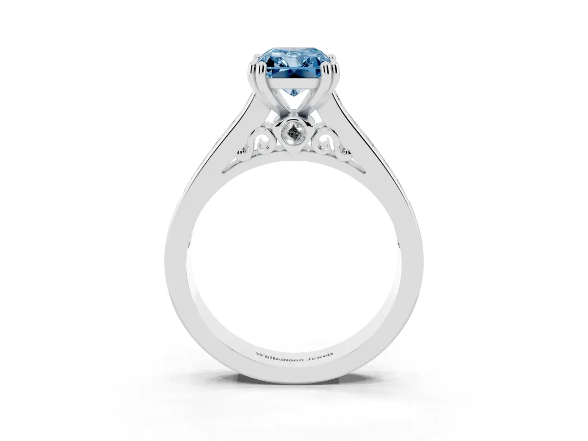 Fancy Blue Radiant Cut Cut Channel Set Solitaire Engagement Ring with Prong Setting Platinum