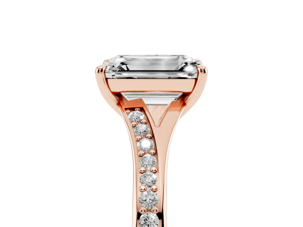 Emerald Cut Diamond Solitaire Ring with Pavé Band and Prong Setting Rose gold