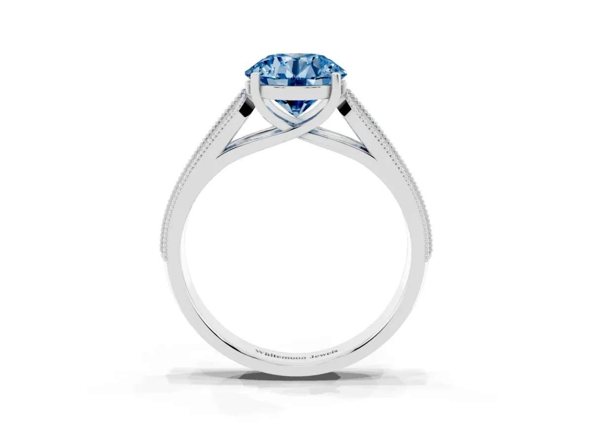 Fancy Blue Round Cut Cut Pave Split Shank Engagement Ring with Four-Prong Setting Platinum