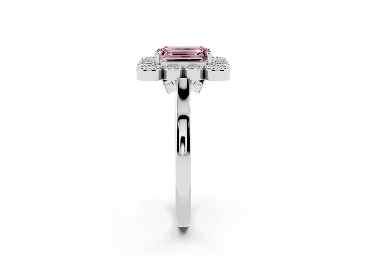 Fancy Pink Emerald Cut Halo Diamond Cluster Engagement Ring with Milgrain Bezel Setting and Solitaire Band Platinum