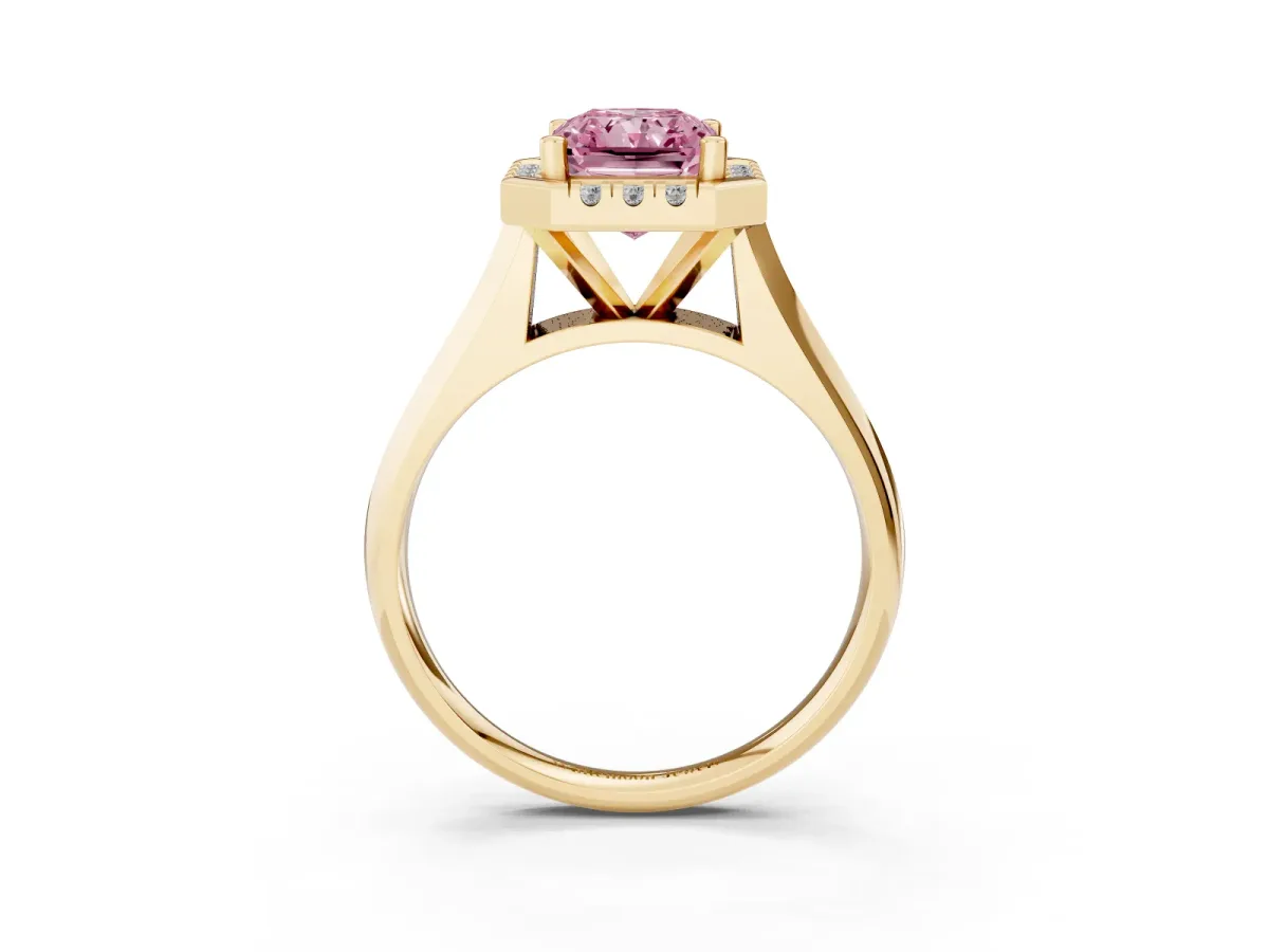 Fancy Pink Radiant Cut Cut Halo Solitaire Engagement Ring with Square Band and Four-Prong Setting Yellow gold