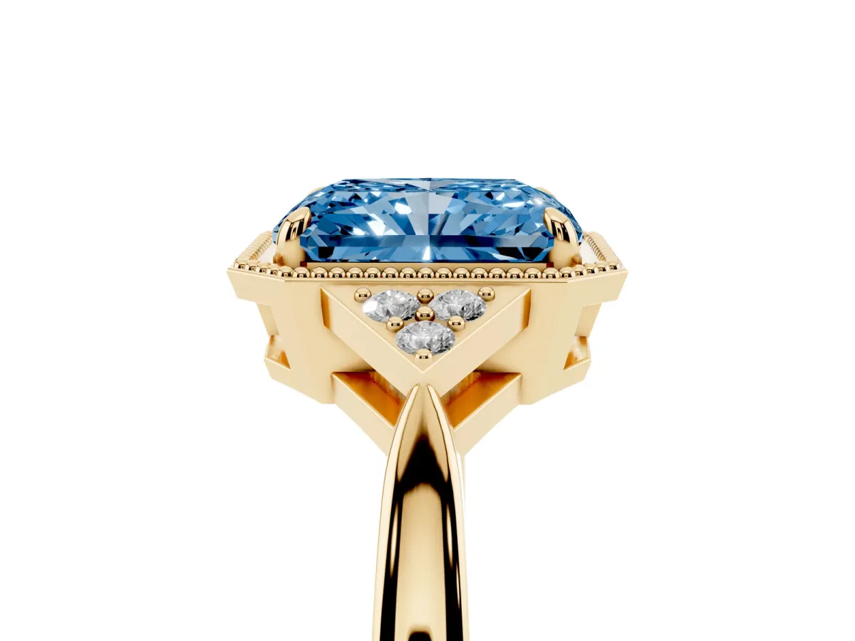 Fancy Blue Hexagonal Halo Radiant Cut Diamond Solitaire with Pavé Band and Four-Prong Setting Yellow gold