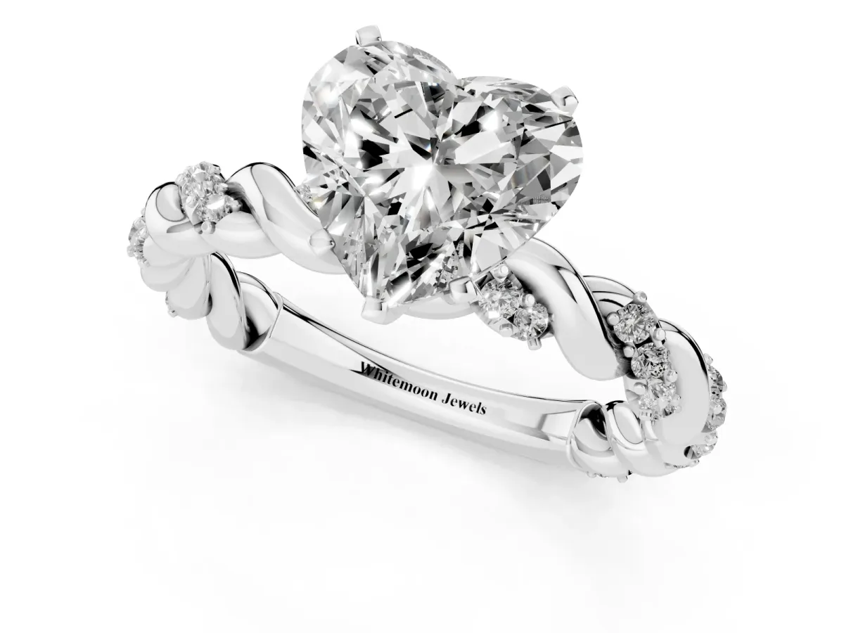 Heart Cut Diamond Solitaire Ring with Twisted Band and Pavé Accents White gold