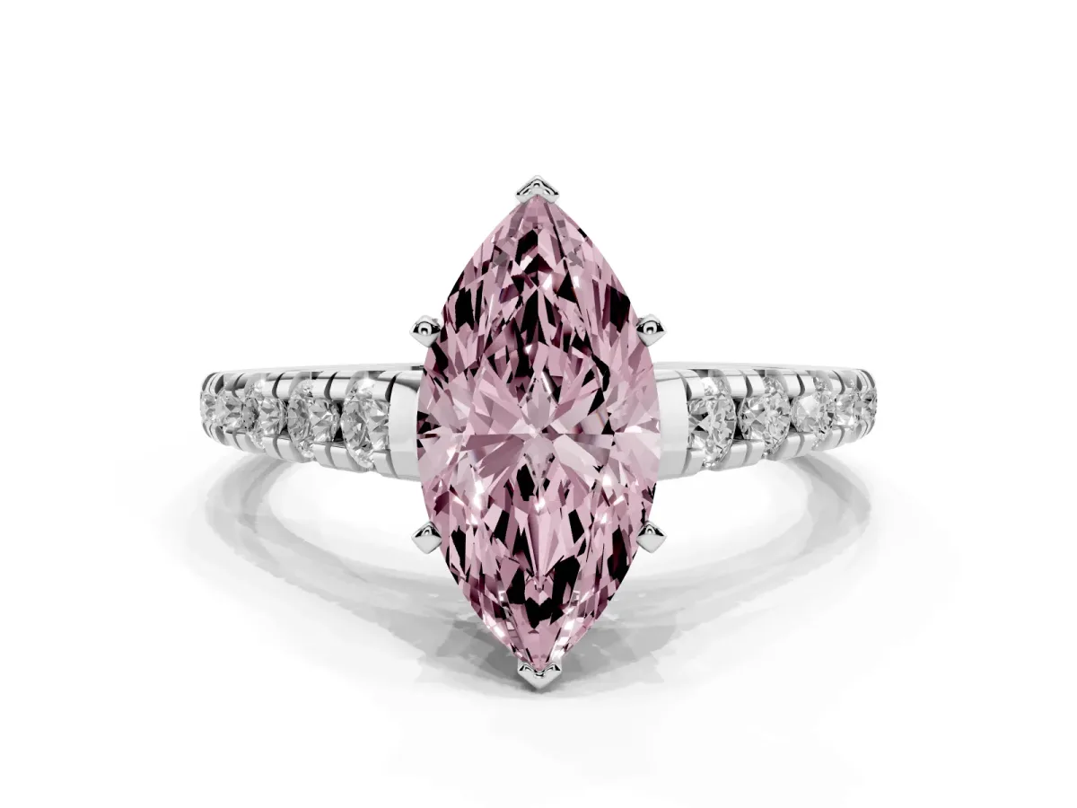 Fancy Pink Marquise Cut Diamond Cathedral Solitaire Ring with Round Pavé Band Silver
