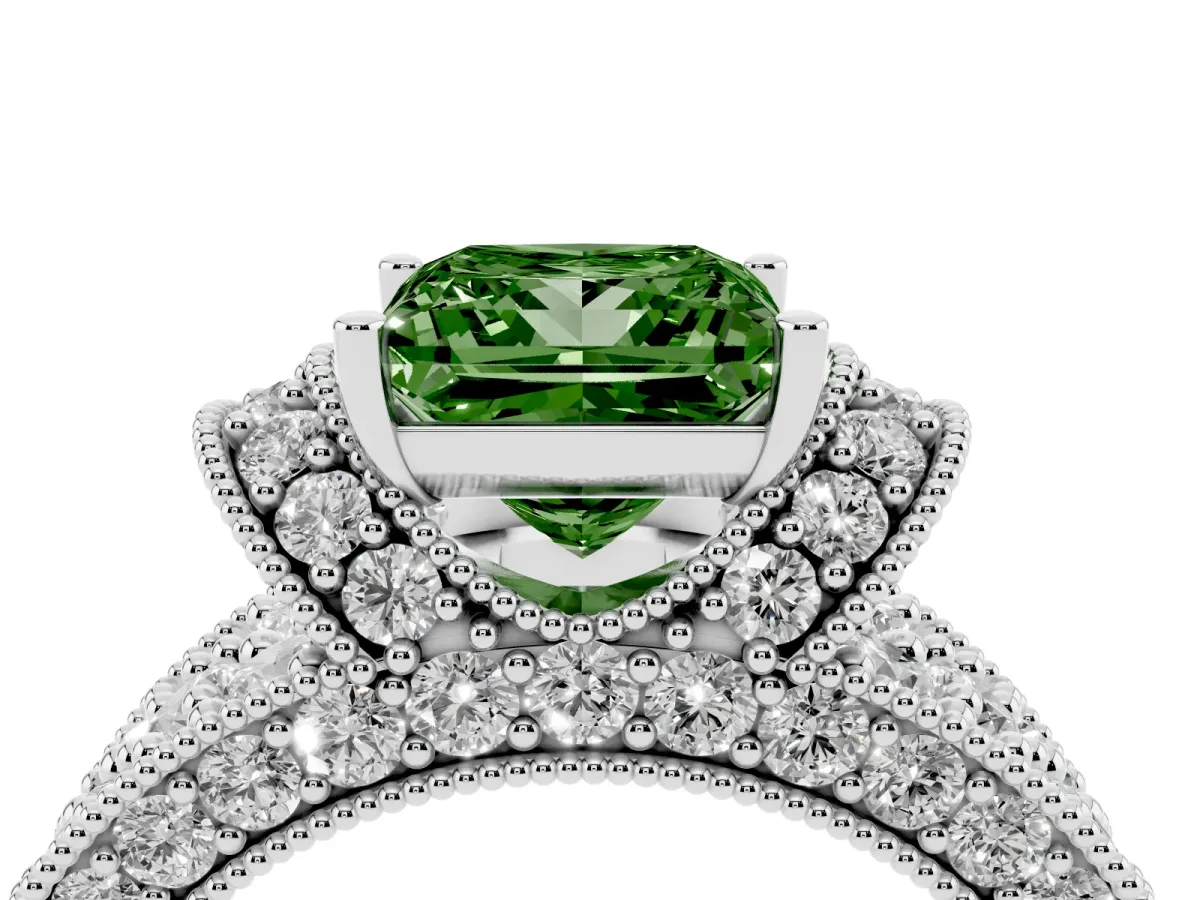 Fancy Green Princess Cut Halo Pave Diamond Engagement Ring with Milgrain Detailing White gold